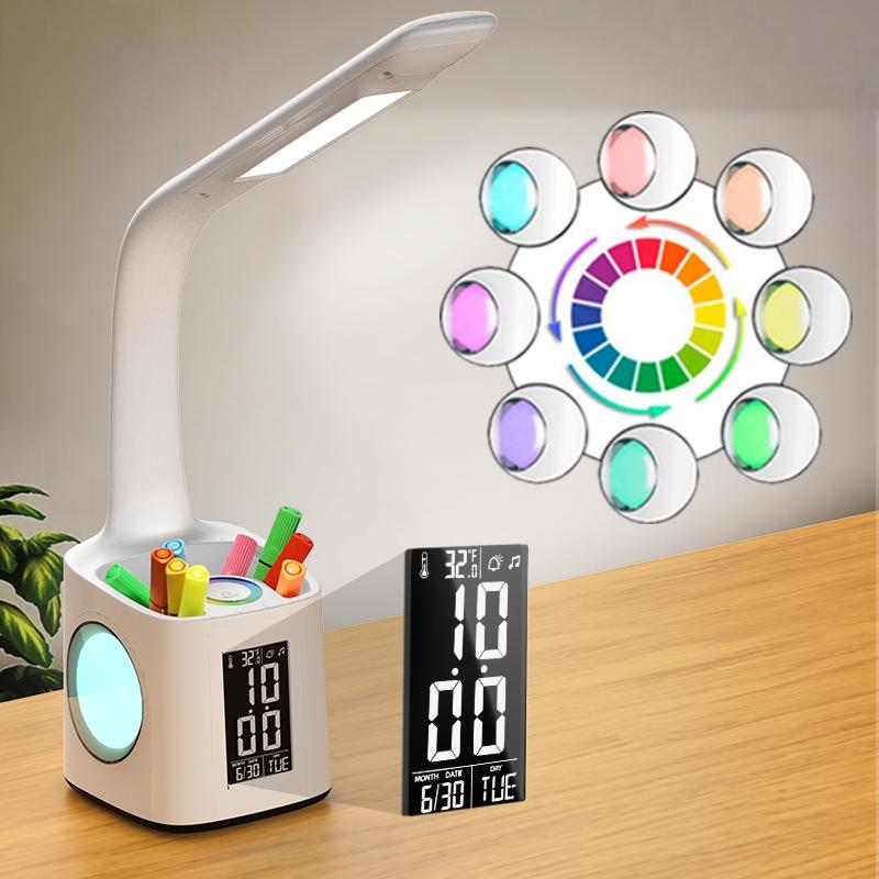 3 Level Dimmable LED Table Reading Lamp with Pen Holder, Calendar, Clock, Thermometer