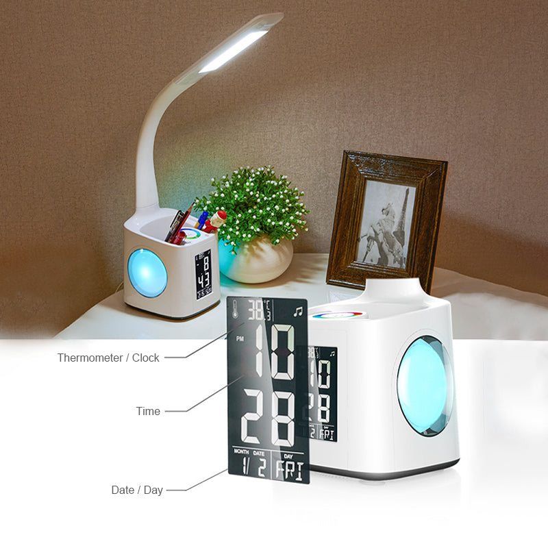 3 Level Dimmable LED Table Reading Lamp with Pen Holder, Calendar, Clock, Thermometer