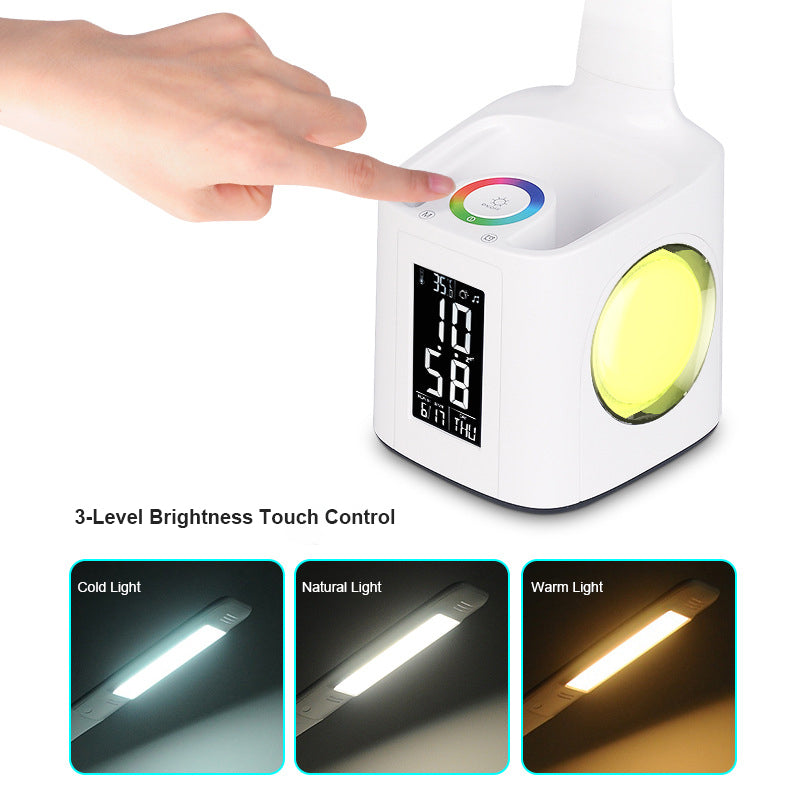 3 Level Dimmable LED Table Reading Lamp with Pen Holder, Calendar, Clock, Thermometer
