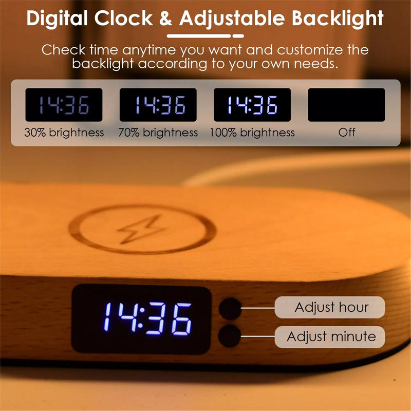10W Wireless Charger Touch Control LED Table Lamp Night Light with Clock USB Port Fast Charging Station Dock for iPhone Samsung
