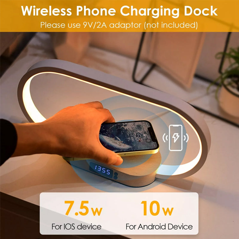10W Wireless Charger Touch Control LED Table Lamp Night Light with Clock USB Port Fast Charging Station Dock for iPhone Samsung