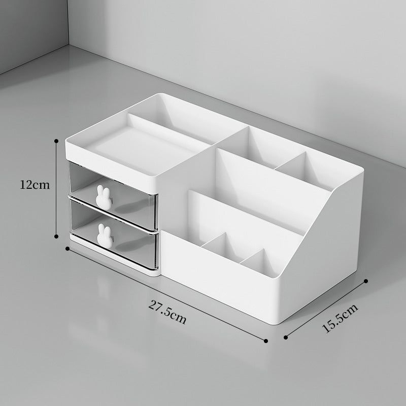 Desktop Stationery Storage Box Makeup Organizer with Two Drawers and Pen Holders