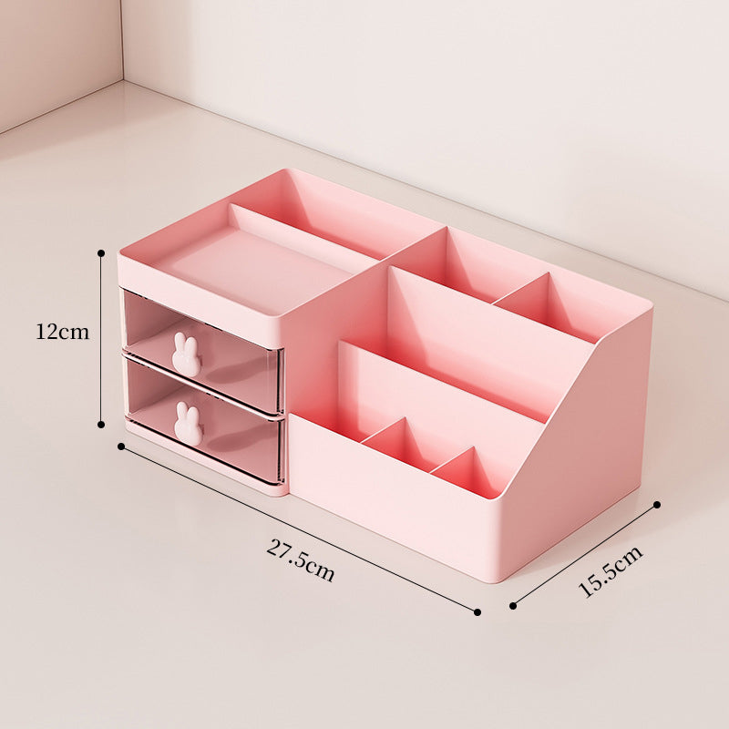 Desktop Stationery Storage Box Makeup Organizer with Two Drawers and Pen Holders