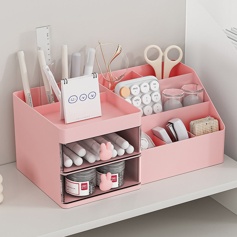 Desktop Stationery Storage Box Makeup Organizer with Two Drawers and Pen Holders
