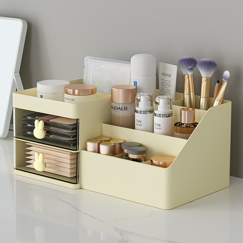 Desktop Stationery Storage Box Makeup Organizer with Two Drawers and Pen Holders
