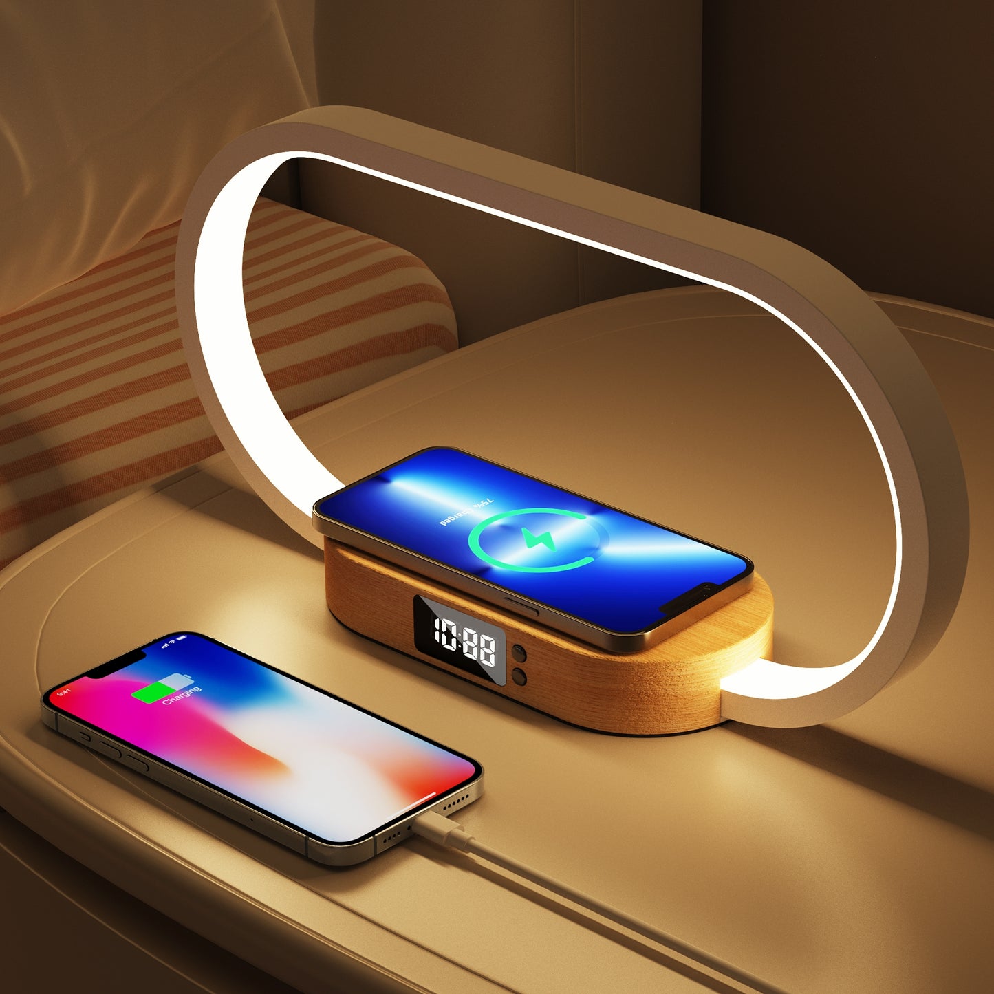 10W Wireless Charger Touch Control LED Table Lamp Night Light with Clock USB Port Fast Charging Station Dock for iPhone Samsung